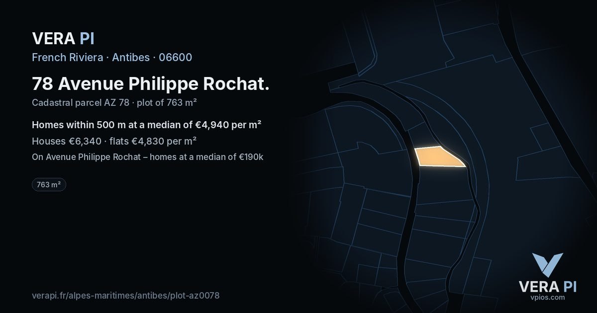 78 Avenue Philippe Rochat, Antibes at night – the plot lit, the parcels around coloured by the prices near them