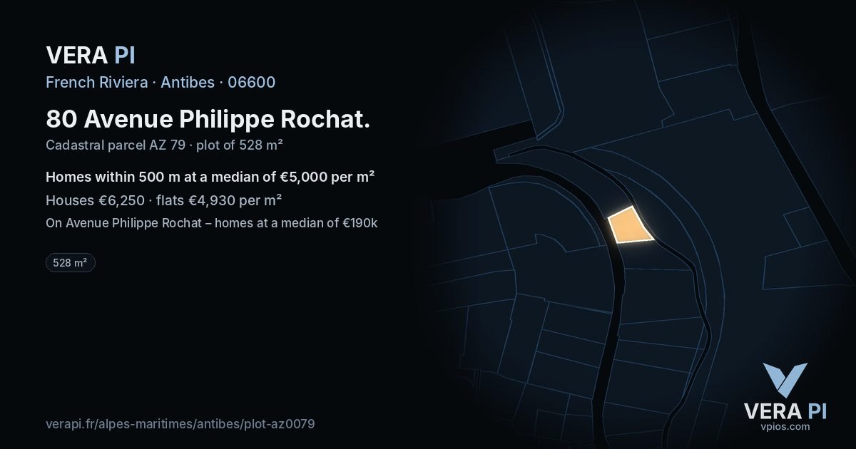 80 Avenue Philippe Rochat, Antibes at night – the plot lit, the parcels around coloured by the prices near them