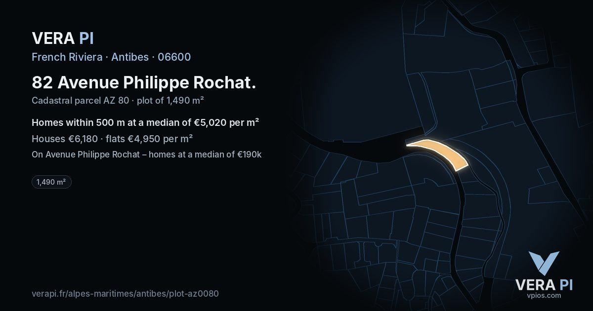 82 Avenue Philippe Rochat, Antibes at night – the plot lit, the parcels around coloured by the prices near them