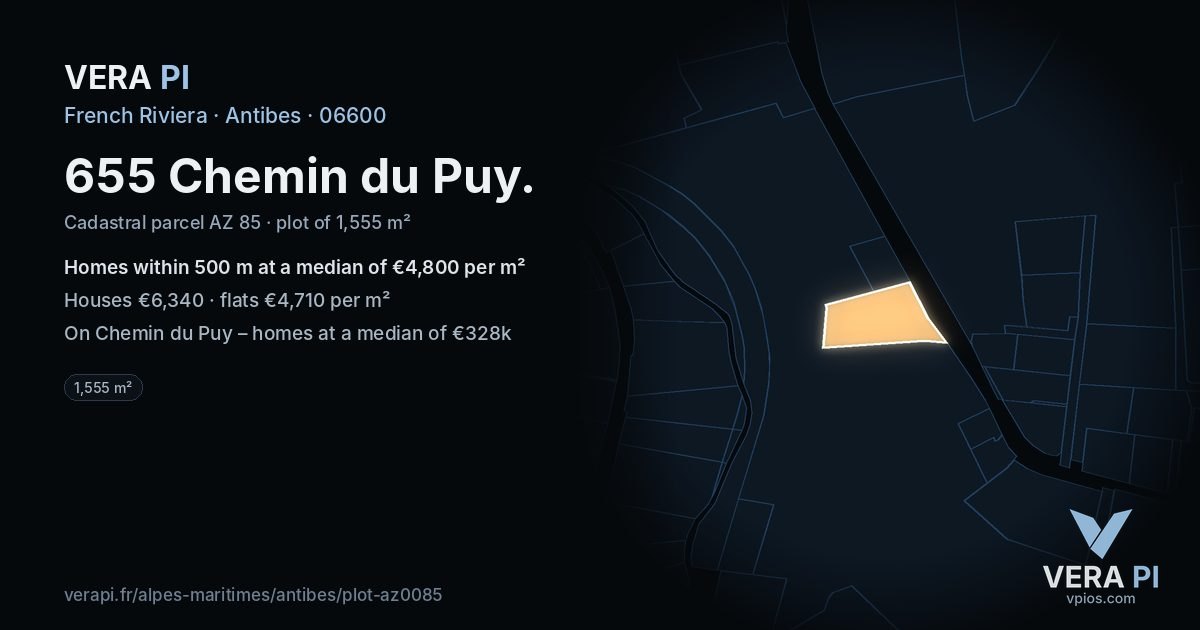 655 Chemin du Puy, Antibes at night – the plot lit, the parcels around coloured by the prices near them