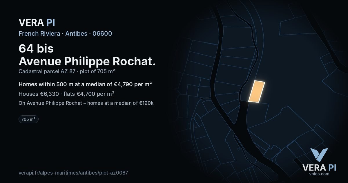 64 bis Avenue Philippe Rochat, Antibes at night – the plot lit, the parcels around coloured by the prices near them