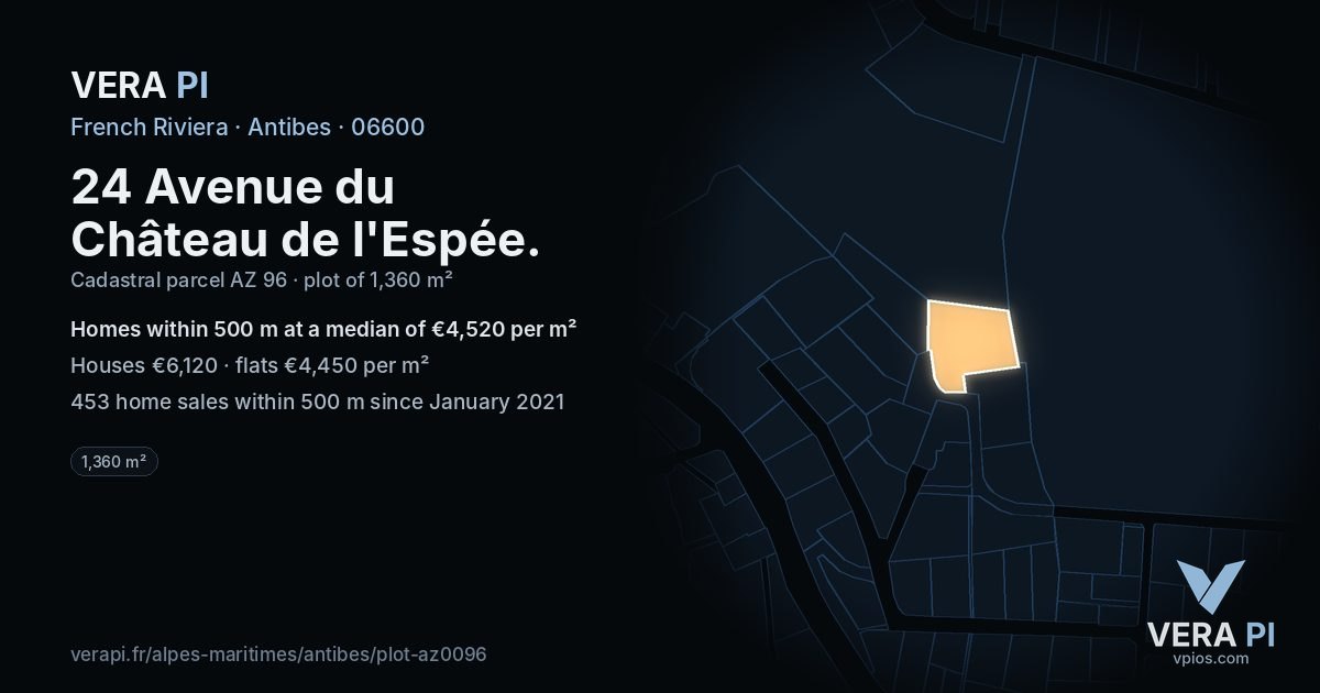 24 Avenue du Château de l'Espée, Antibes at night – the plot lit, the parcels around coloured by the prices near them
