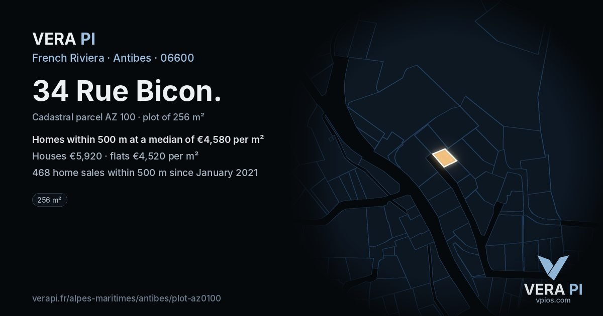 34 Rue Bicon, Antibes at night – the plot lit, the parcels around coloured by the prices near them