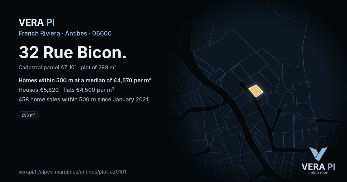 32 Rue Bicon, Antibes at night – the plot lit, the parcels around coloured by the prices near them