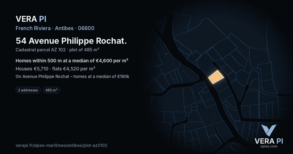 54 Avenue Philippe Rochat, Antibes at night – the plot lit, the parcels around coloured by the prices near them