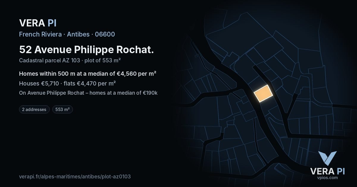 52 Avenue Philippe Rochat, Antibes at night – the plot lit, the parcels around coloured by the prices near them