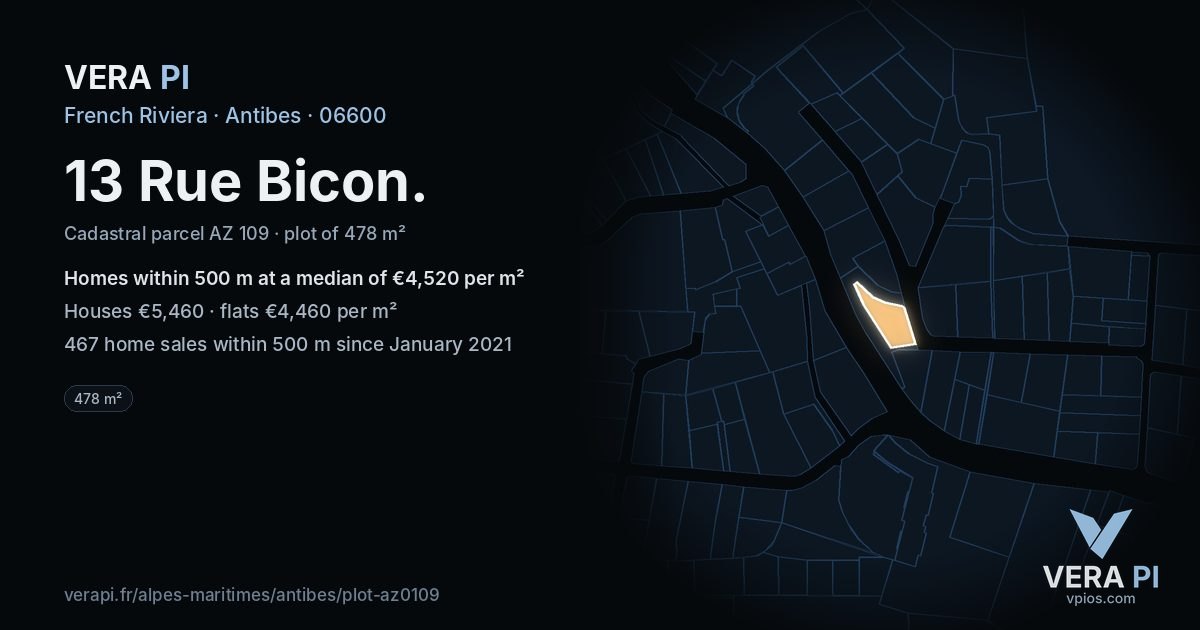 13 Rue Bicon, Antibes at night – the plot lit, the parcels around coloured by the prices near them