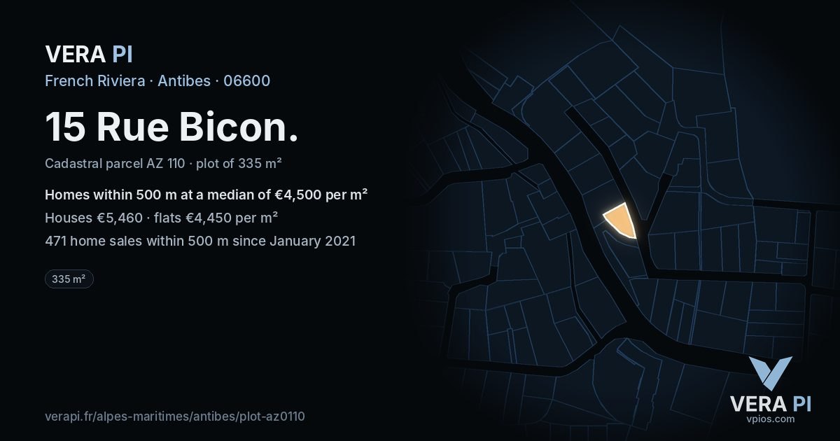 15 Rue Bicon, Antibes at night – the plot lit, the parcels around coloured by the prices near them
