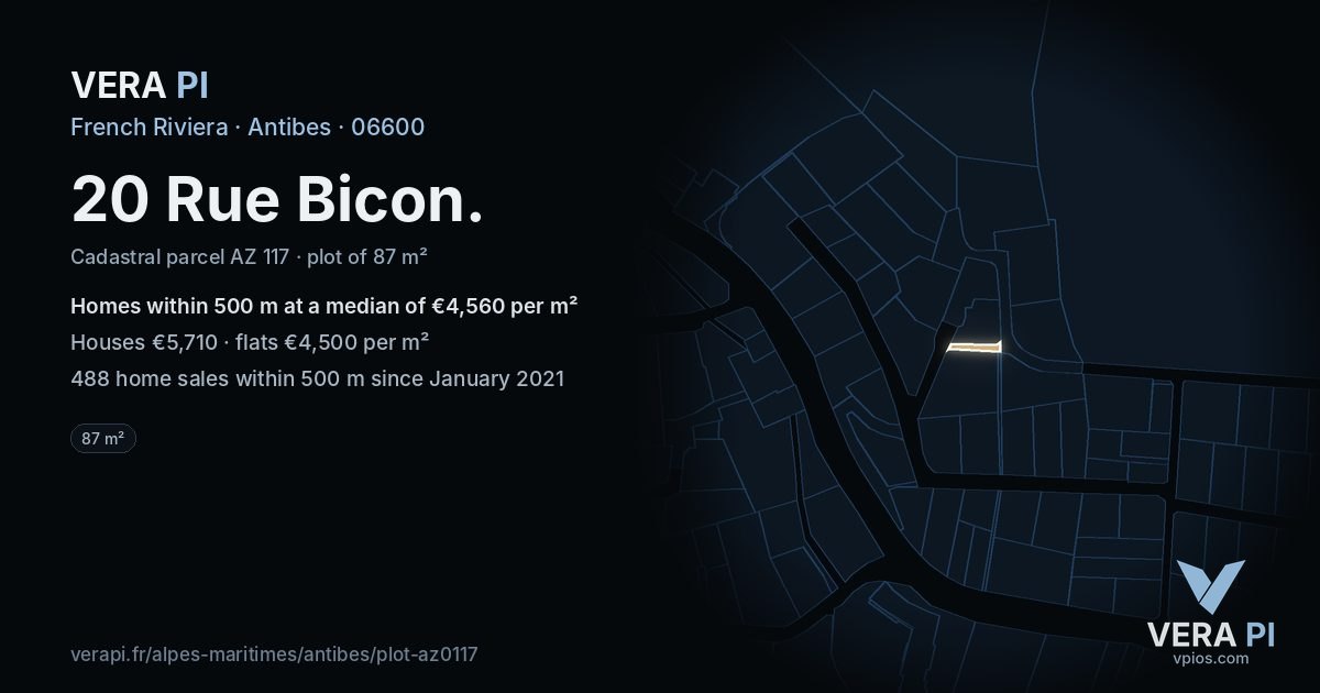 20 Rue Bicon, Antibes at night – the plot lit, the parcels around coloured by the prices near them
