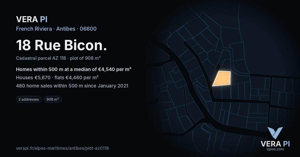 18 Rue Bicon, Antibes at night – the plot lit, the parcels around coloured by the prices near them