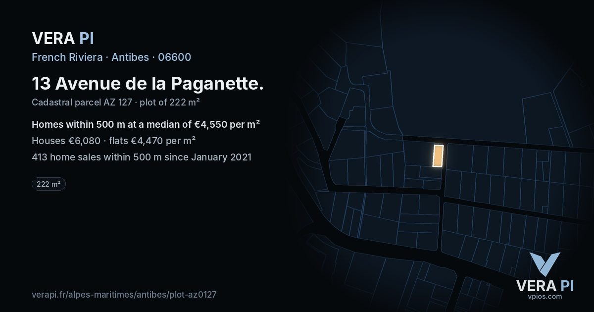 13 Avenue de la Paganette, Antibes at night – the plot lit, the parcels around coloured by the prices near them