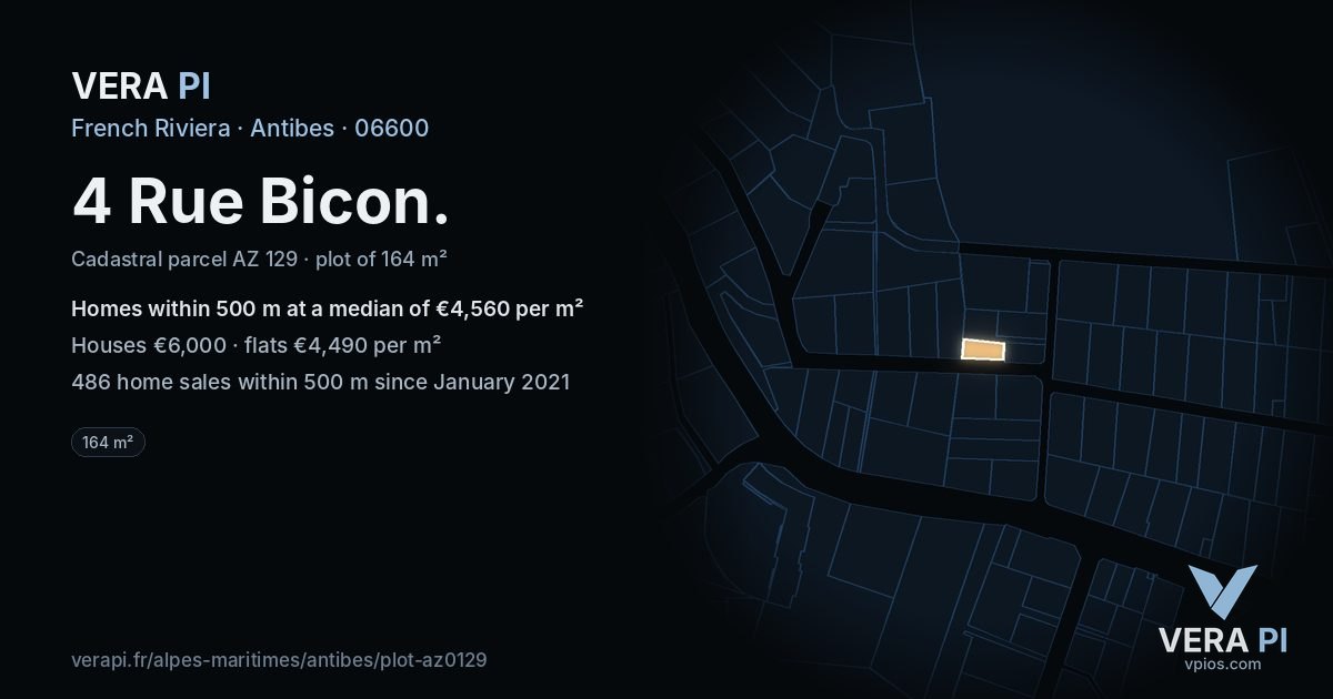 4 Rue Bicon, Antibes at night – the plot lit, the parcels around coloured by the prices near them