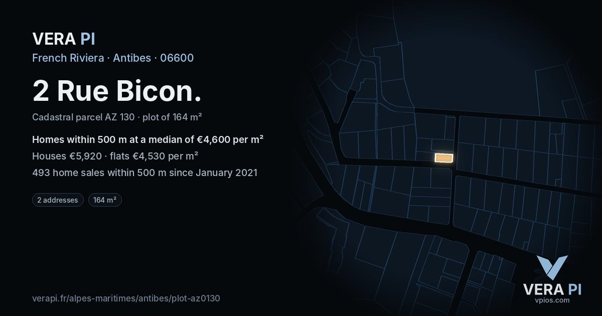 2 Rue Bicon, Antibes at night – the plot lit, the parcels around coloured by the prices near them