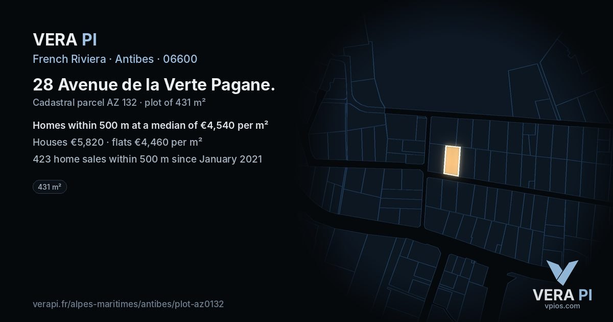 28 Avenue de la Verte Pagane, Antibes at night – the plot lit, the parcels around coloured by the prices near them