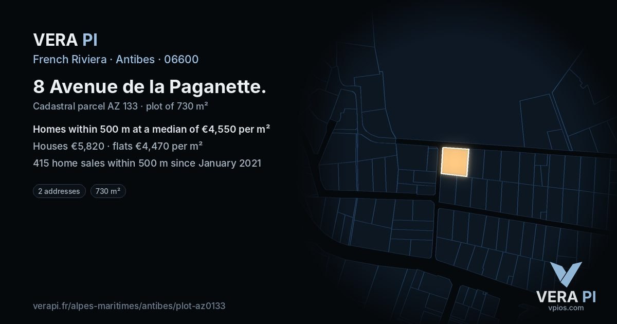 8 Avenue de la Paganette, Antibes at night – the plot lit, the parcels around coloured by the prices near them