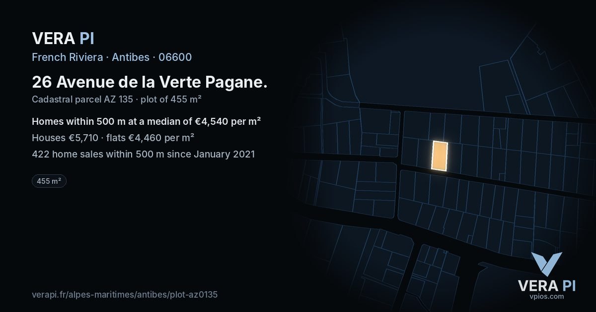 26 Avenue de la Verte Pagane, Antibes at night – the plot lit, the parcels around coloured by the prices near them