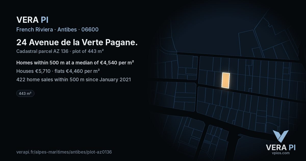 24 Avenue de la Verte Pagane, Antibes at night – the plot lit, the parcels around coloured by the prices near them