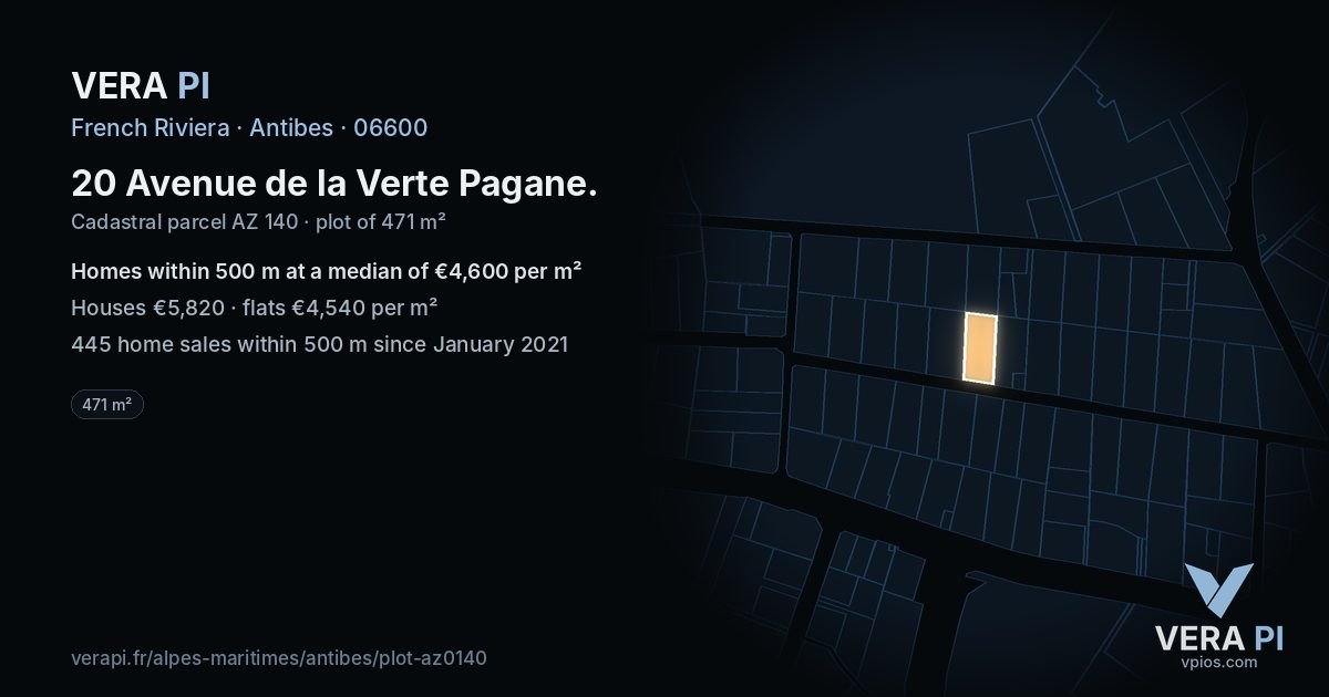 20 Avenue de la Verte Pagane, Antibes at night – the plot lit, the parcels around coloured by the prices near them