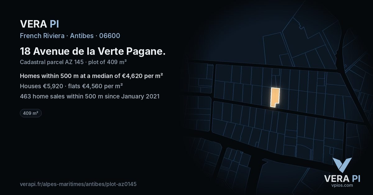 18 Avenue de la Verte Pagane, Antibes at night – the plot lit, the parcels around coloured by the prices near them