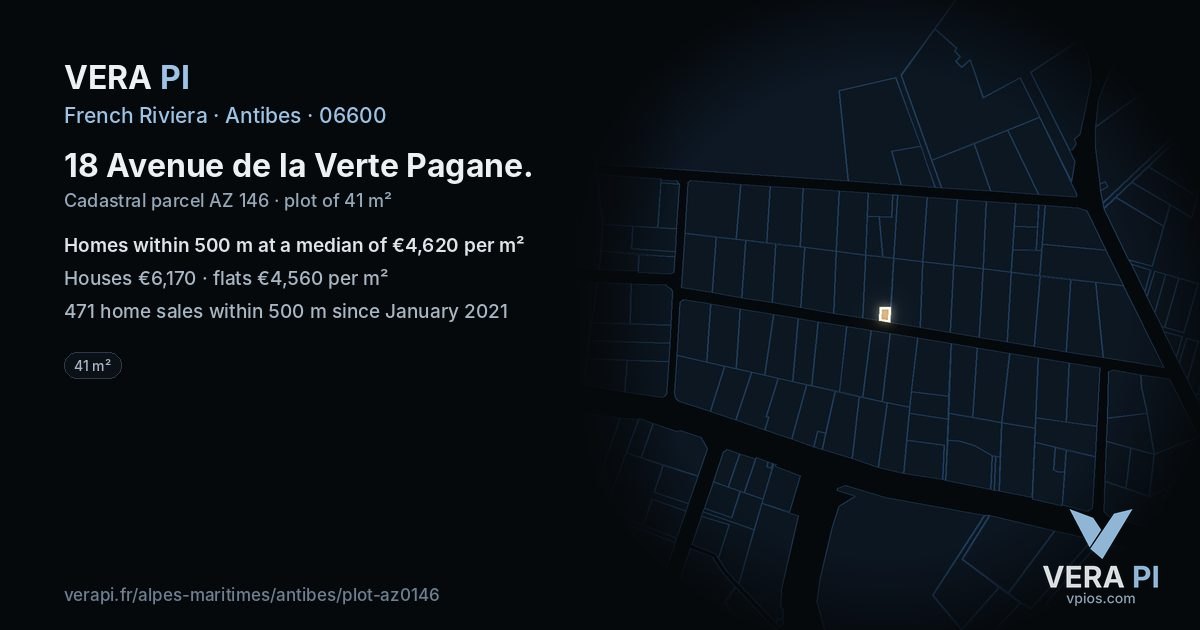 18 Avenue de la Verte Pagane, Antibes at night – the plot lit, the parcels around coloured by the prices near them
