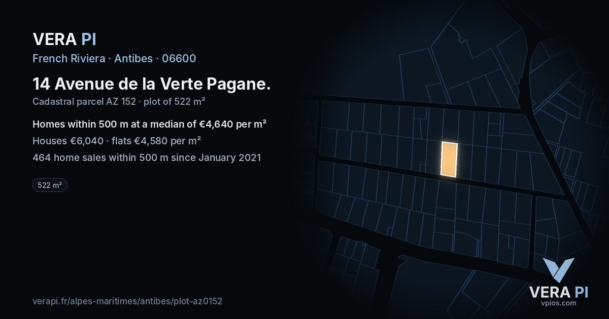 14 Avenue de la Verte Pagane, Antibes at night – the plot lit, the parcels around coloured by the prices near them