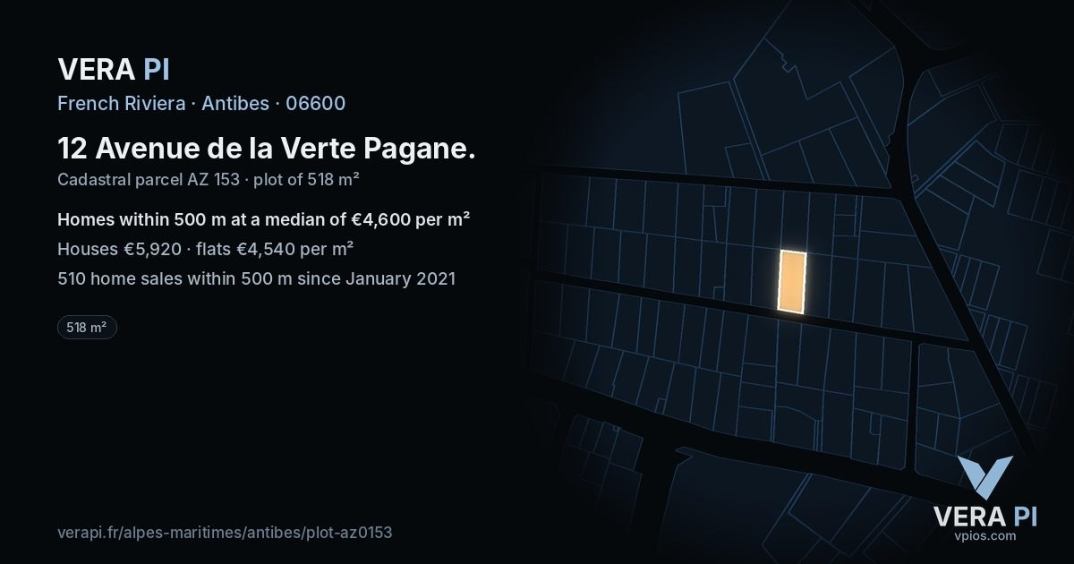 12 Avenue de la Verte Pagane, Antibes at night – the plot lit, the parcels around coloured by the prices near them
