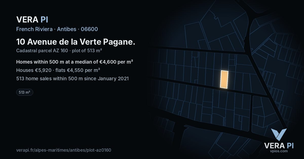 10 Avenue de la Verte Pagane, Antibes at night – the plot lit, the parcels around coloured by the prices near them