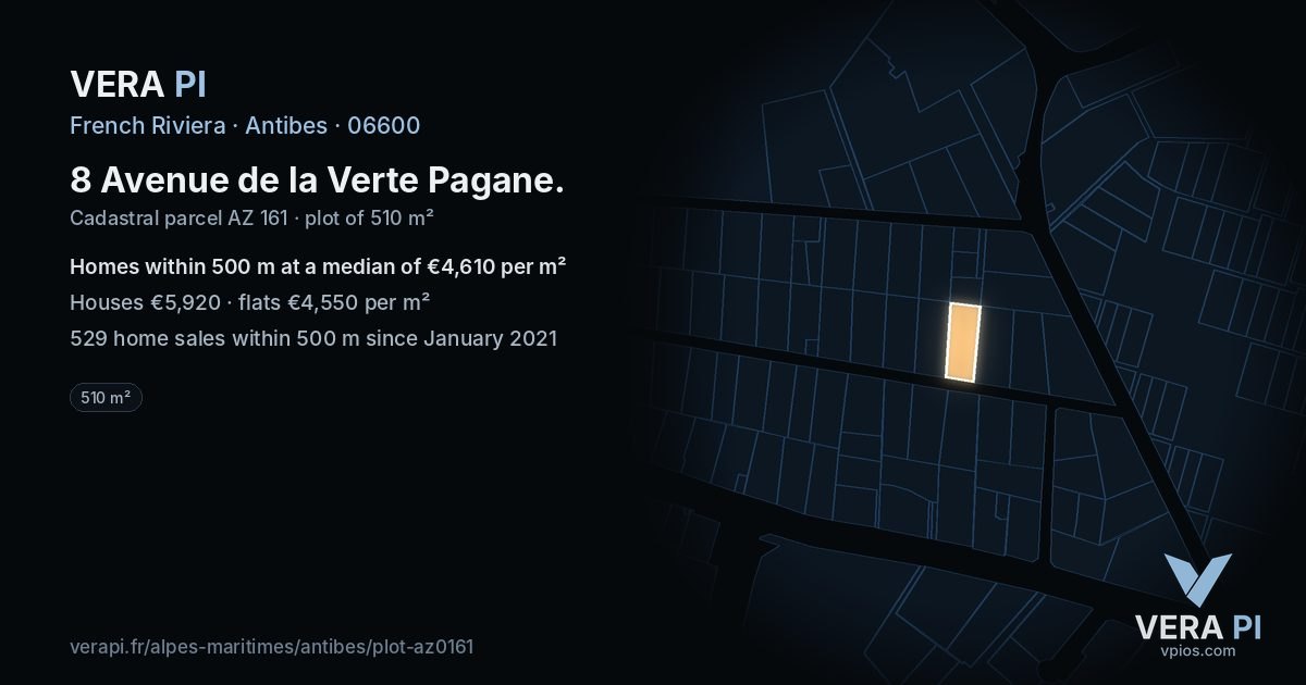 8 Avenue de la Verte Pagane, Antibes at night – the plot lit, the parcels around coloured by the prices near them