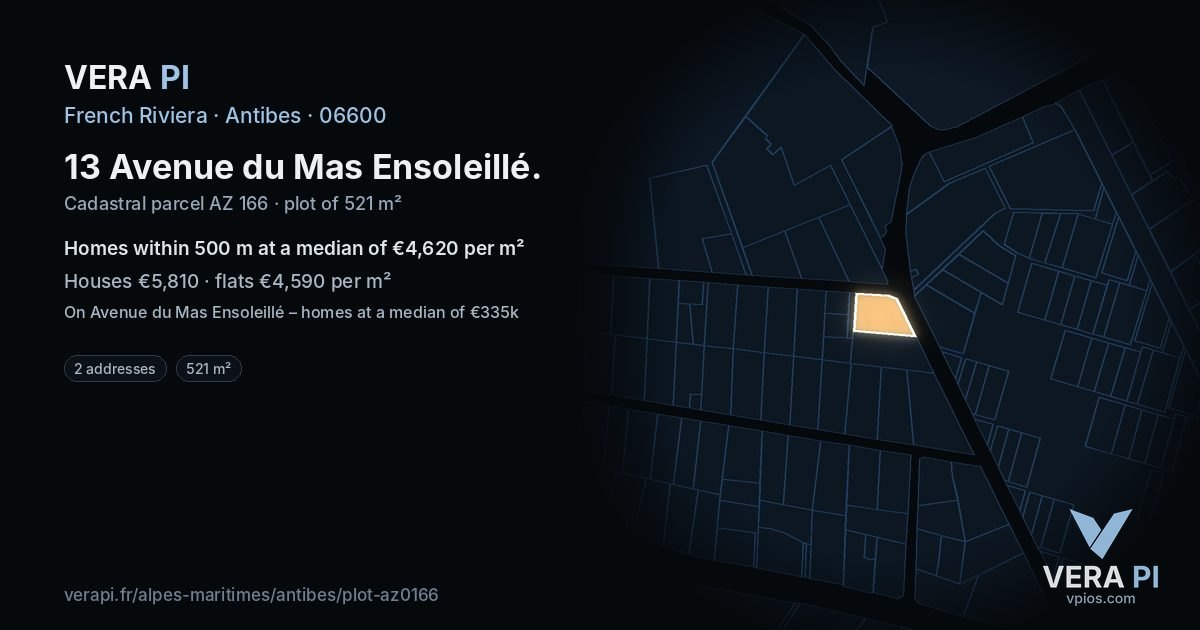 13 Avenue du Mas Ensoleillé, Antibes at night – the plot lit, the parcels around coloured by the prices near them