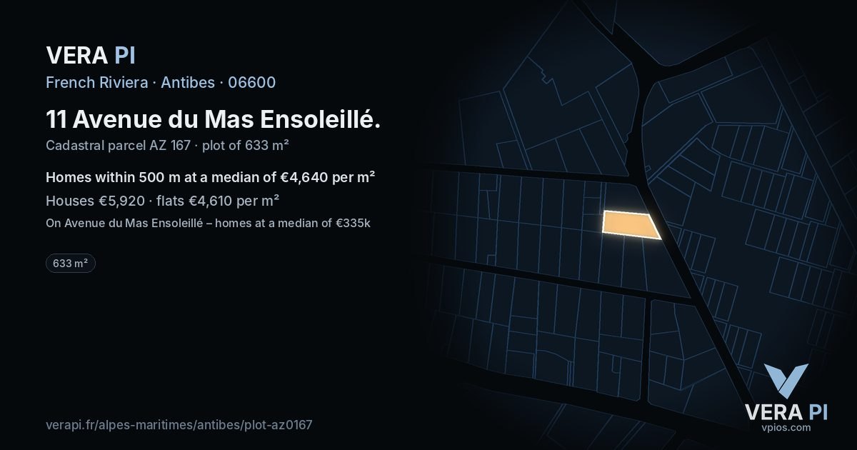 11 Avenue du Mas Ensoleillé, Antibes at night – the plot lit, the parcels around coloured by the prices near them