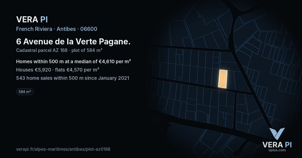 6 Avenue de la Verte Pagane, Antibes at night – the plot lit, the parcels around coloured by the prices near them