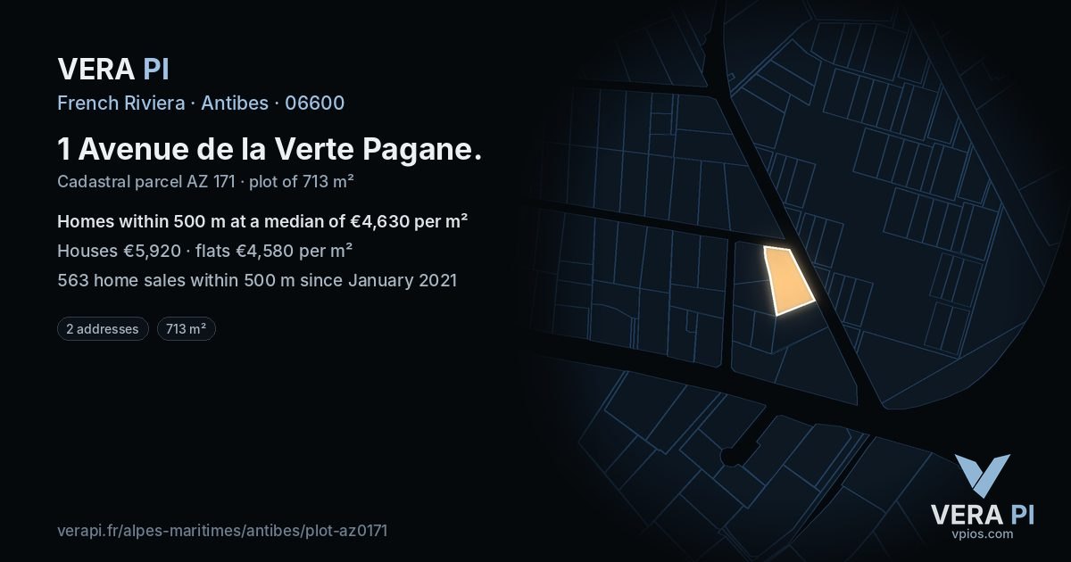1 Avenue de la Verte Pagane, Antibes at night – the plot lit, the parcels around coloured by the prices near them