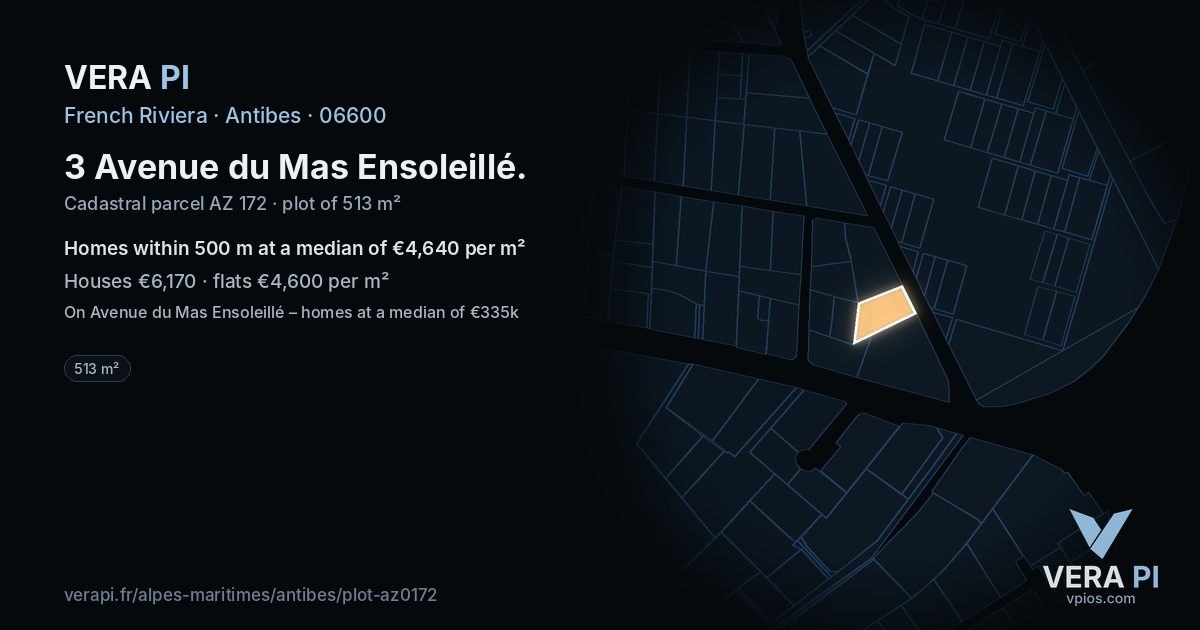 3 Avenue du Mas Ensoleillé, Antibes at night – the plot lit, the parcels around coloured by the prices near them