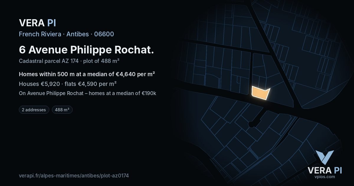 6 Avenue Philippe Rochat, Antibes at night – the plot lit, the parcels around coloured by the prices near them