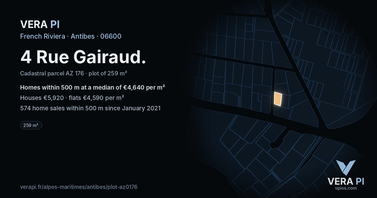 4 Rue Gairaud, Antibes at night – the plot lit, the parcels around coloured by the prices near them