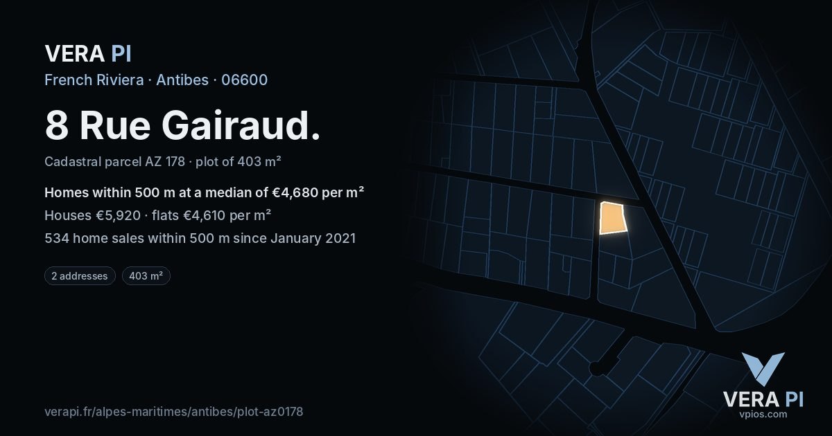 8 Rue Gairaud, Antibes at night – the plot lit, the parcels around coloured by the prices near them