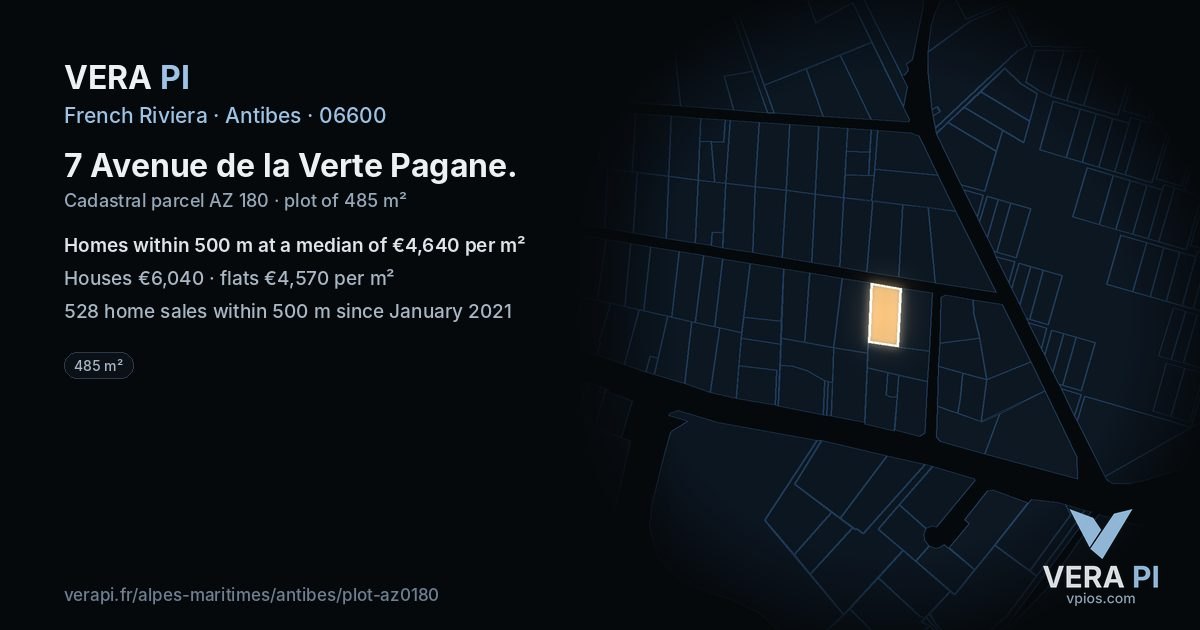 7 Avenue de la Verte Pagane, Antibes at night – the plot lit, the parcels around coloured by the prices near them