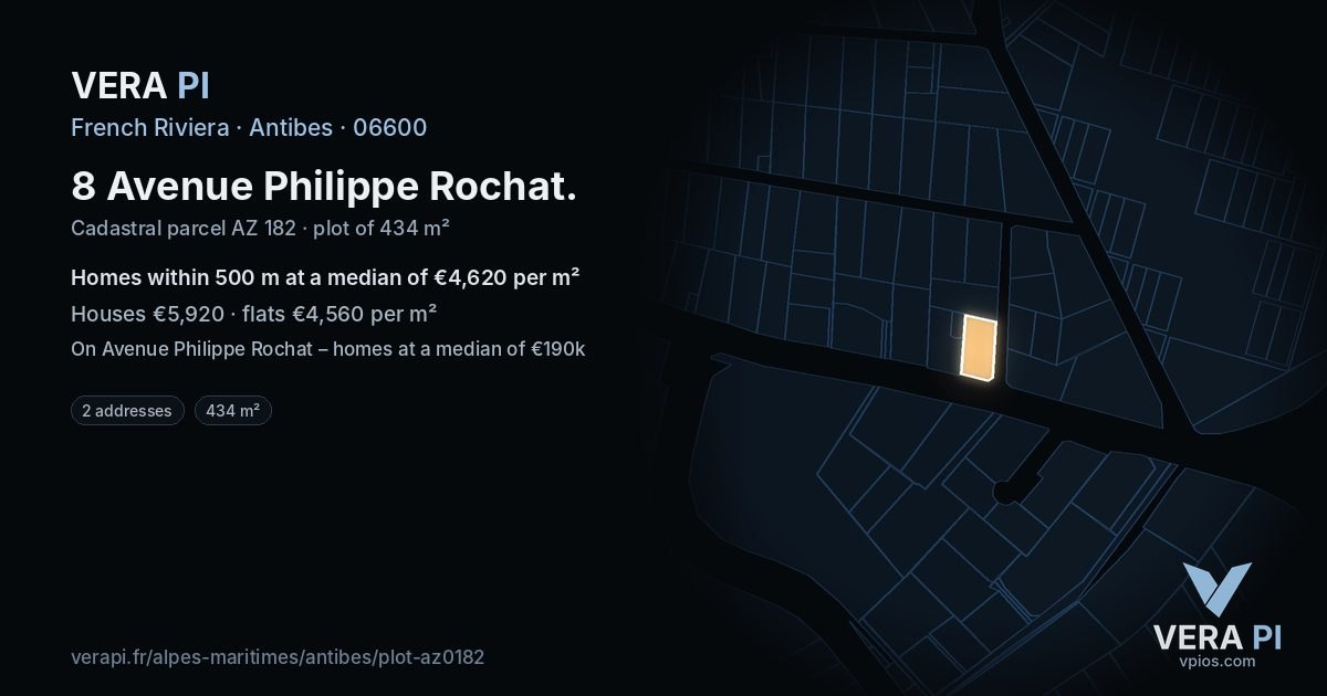 8 Avenue Philippe Rochat, Antibes at night – the plot lit, the parcels around coloured by the prices near them