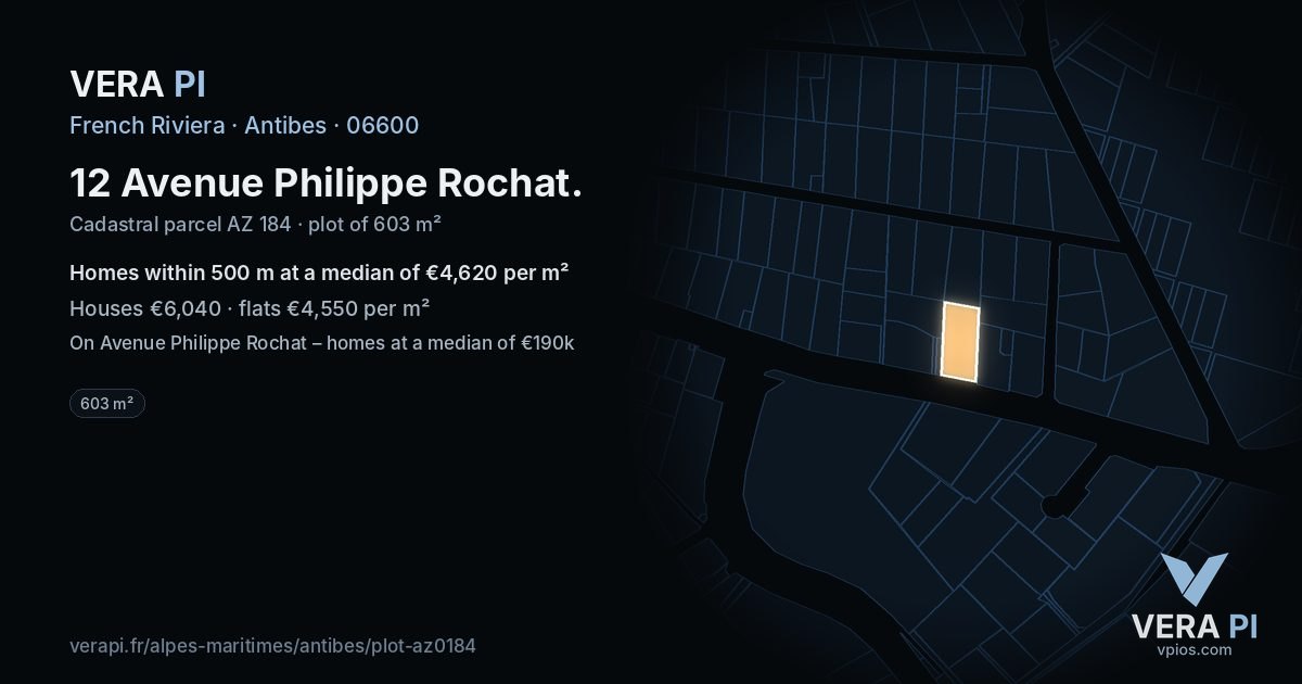 12 Avenue Philippe Rochat, Antibes at night – the plot lit, the parcels around coloured by the prices near them