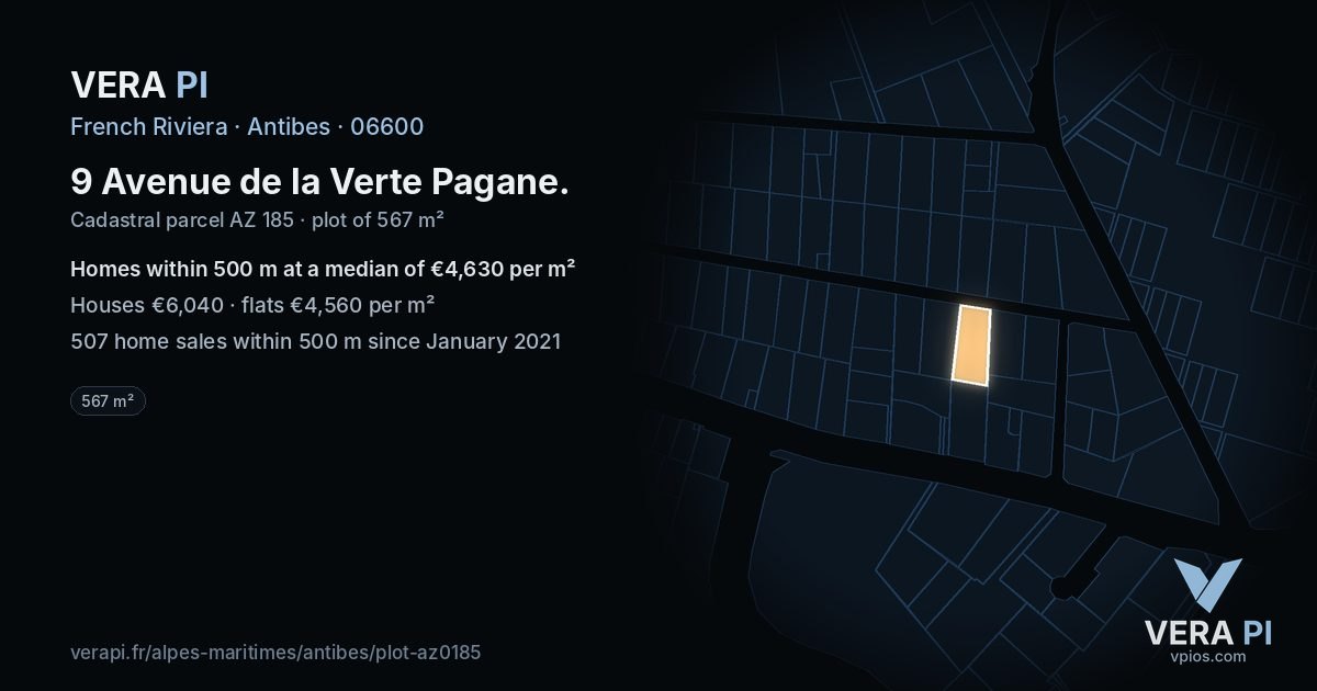 9 Avenue de la Verte Pagane, Antibes at night – the plot lit, the parcels around coloured by the prices near them