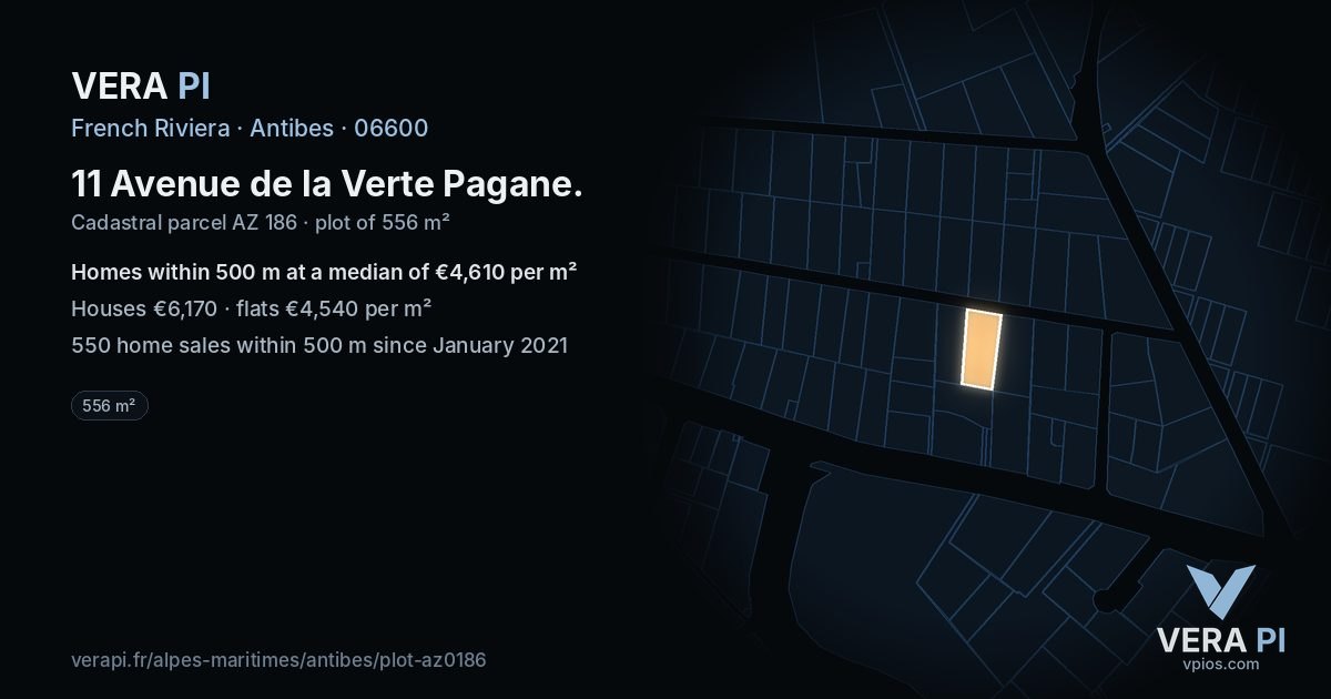 11 Avenue de la Verte Pagane, Antibes at night – the plot lit, the parcels around coloured by the prices near them