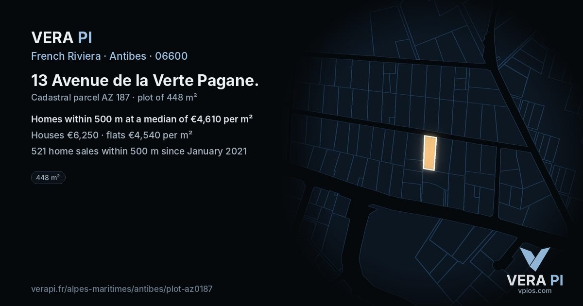 13 Avenue de la Verte Pagane, Antibes at night – the plot lit, the parcels around coloured by the prices near them