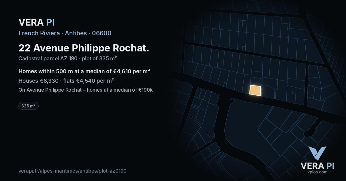 22 Avenue Philippe Rochat, Antibes at night – the plot lit, the parcels around coloured by the prices near them