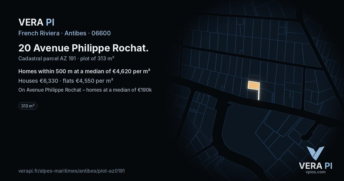 20 Avenue Philippe Rochat, Antibes at night – the plot lit, the parcels around coloured by the prices near them