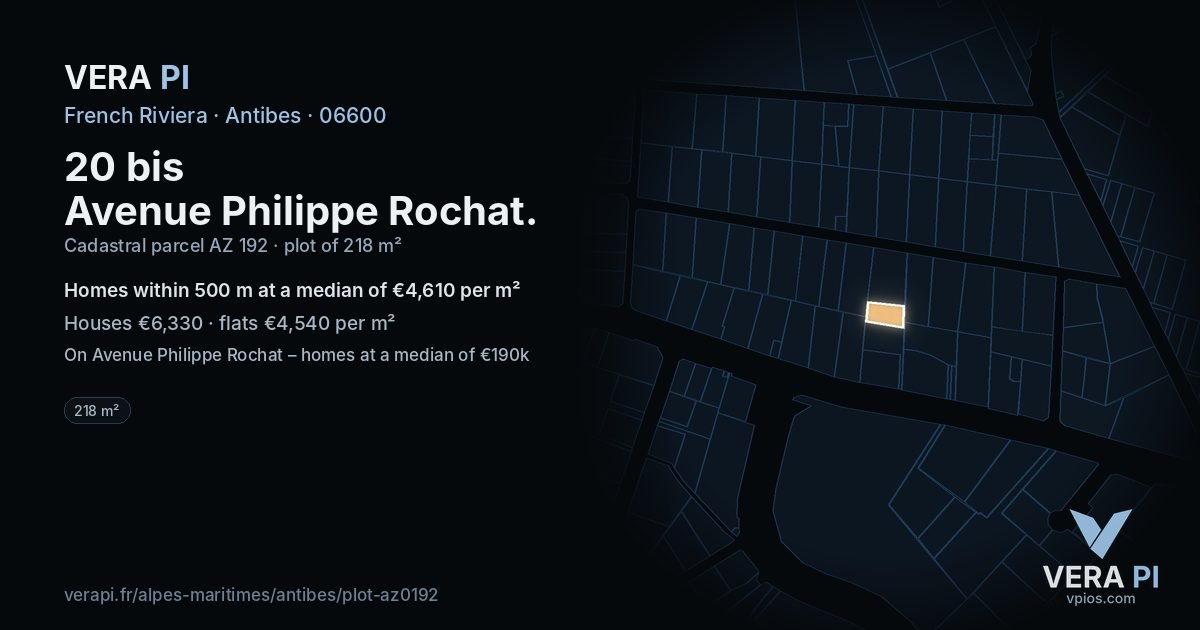 20 bis Avenue Philippe Rochat, Antibes at night – the plot lit, the parcels around coloured by the prices near them
