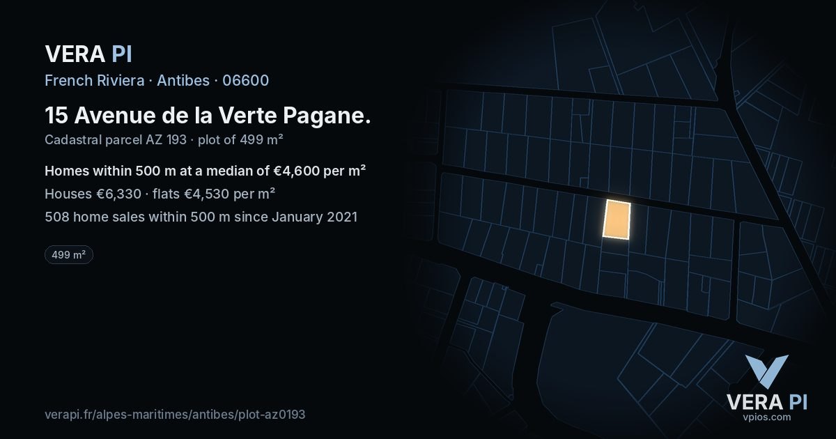 15 Avenue de la Verte Pagane, Antibes at night – the plot lit, the parcels around coloured by the prices near them