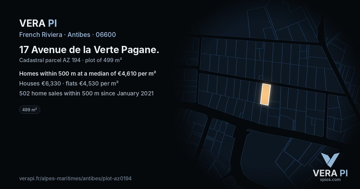 17 Avenue de la Verte Pagane, Antibes at night – the plot lit, the parcels around coloured by the prices near them