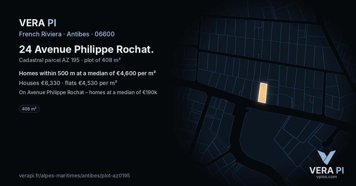 24 Avenue Philippe Rochat, Antibes at night – the plot lit, the parcels around coloured by the prices near them
