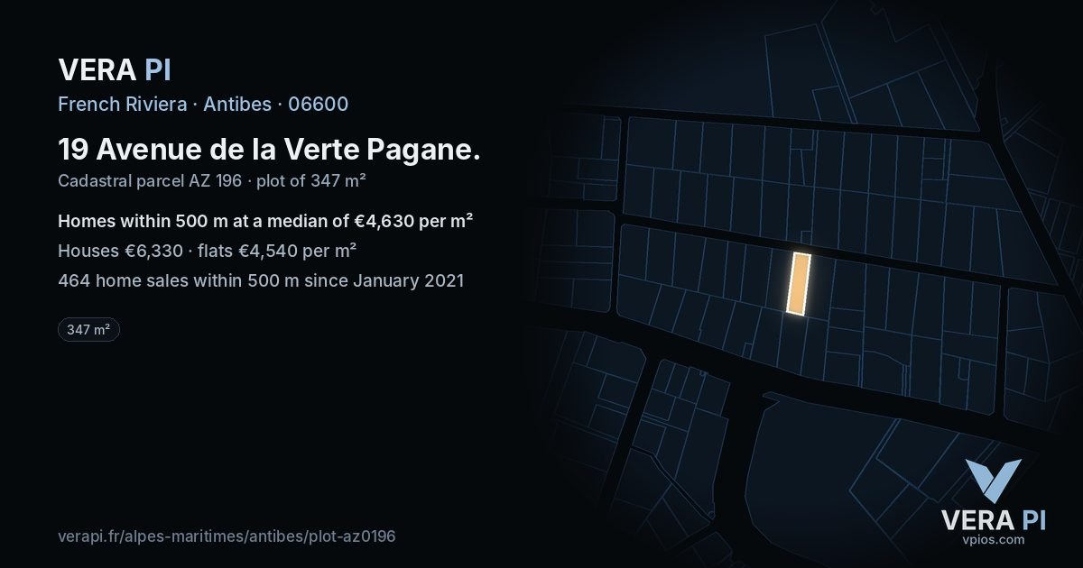 19 Avenue de la Verte Pagane, Antibes at night – the plot lit, the parcels around coloured by the prices near them