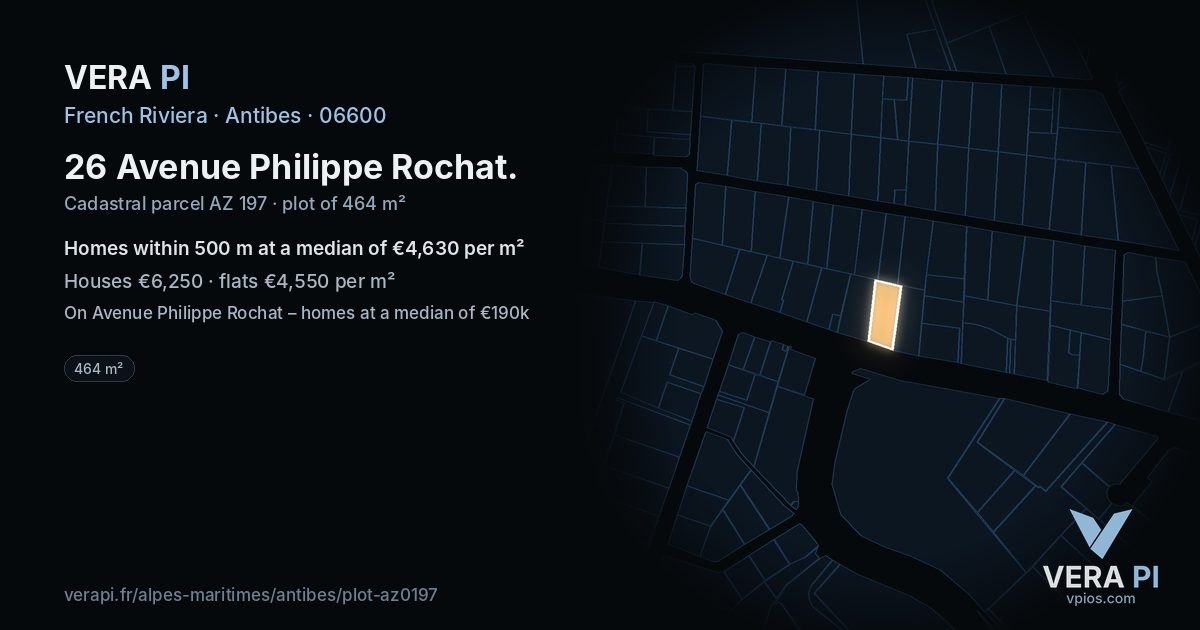 26 Avenue Philippe Rochat, Antibes at night – the plot lit, the parcels around coloured by the prices near them